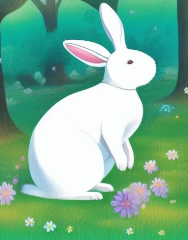 A giant white rabbit sitting in the middle of a forest in a serene moment