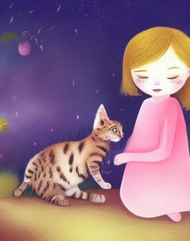 A girl next to a kitty