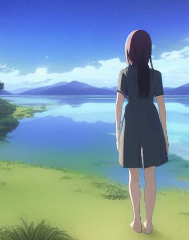 A girl standing in front of a body of water