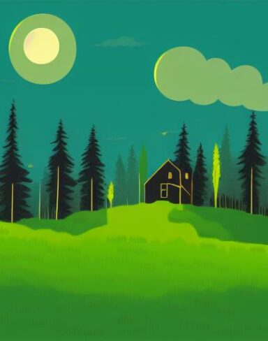 A green and black landscape with house and trees