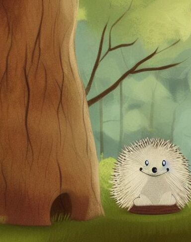 A hedge sitting on a stump in the forest