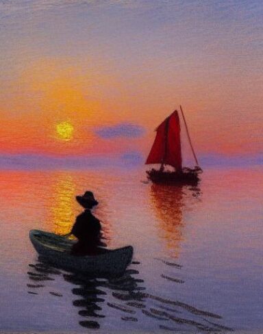 A joyful painting of a boat and fisherman in a body of water at sunset
