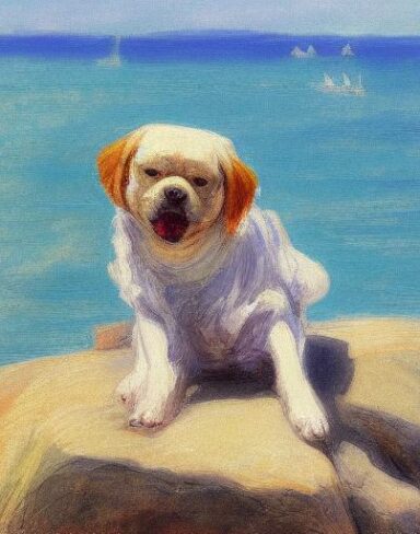 A joyful painting of a dog sitting on a rock by the ocean