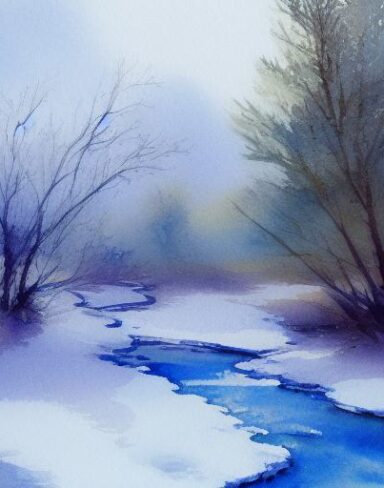 A light watercolor painting of snow-covered trees and a stream
