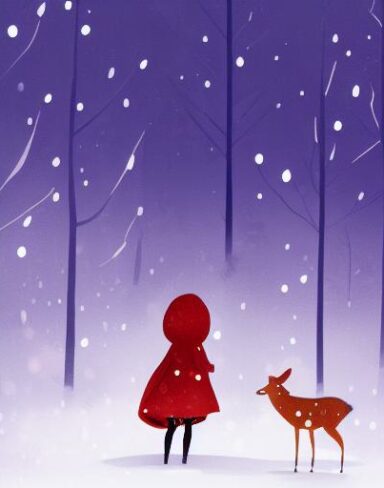 A little girl with red hood facing backward standing next to several deers in the snow at night