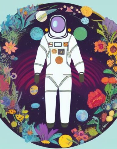 A man in a space suit with planets and flowers in the background