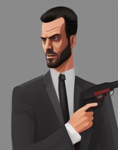 A man in a suit holding a gun
