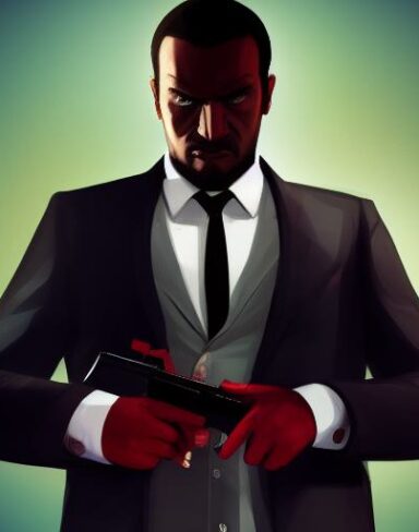 A man in a suit holding a gun