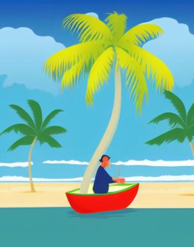 A man is sitting in a boat on beach