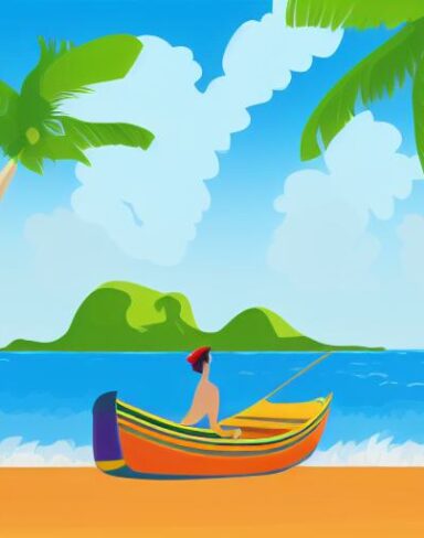 A man is sitting in a boat on beach