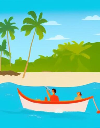 A man is sitting in a boat on beach