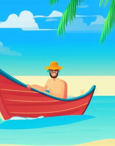 A man is sitting in a boat on beach in summer