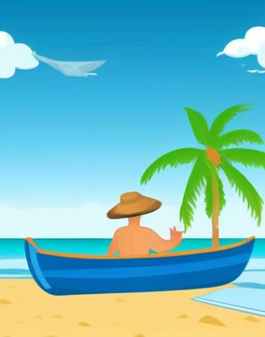 A man is sitting in a boat on beach in summer season