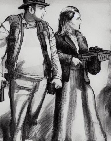 A man standing next to a woman holding a gun