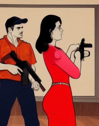 A man standing next to a woman holding a gun