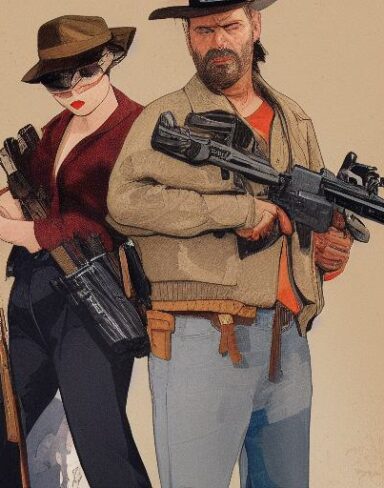 A man standing next to a woman holding a gun
