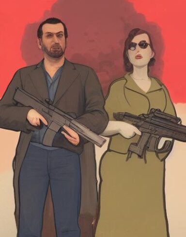 A man standing next to a woman holding a gun