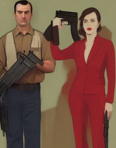 A man standing next to a woman holding a gun