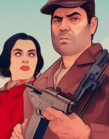 A man standing next to a woman holding a gun