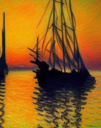 A melancholic painting of a giant boat in a body of water at sunset