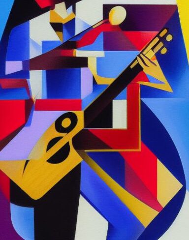 A melancholic painting of a man playing a guitar