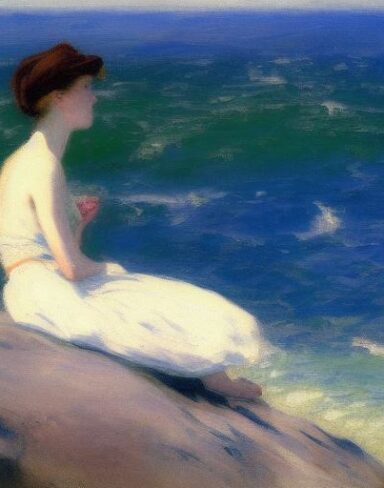 A melancholic painting of a woman sitting on a rock by the ocean