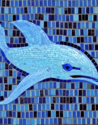 A mosaic of a blue dolphin inspired by Charles Ginner