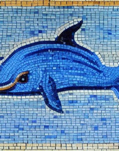 A mosaic of a blue dolphin swimming in the sea inspired by Charles Ginner