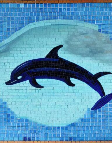 A mosaic of a dolphin swimming in the deep ocean inspired by Charles Ginner