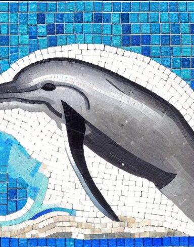A mosaic of a dolphin swimming in the marine ocean inspired by Charles Ginner