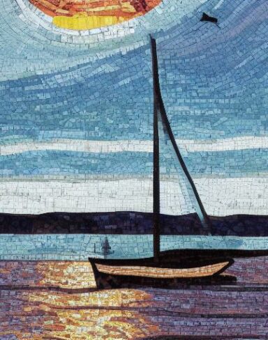 A mosaic of a sailboat on a body of water