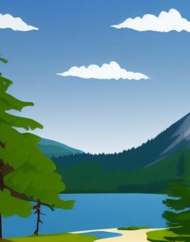A mountain landscape with pine trees and a lake in the foreground a picture of a mountain landscape with pine trees and a lake in the fore