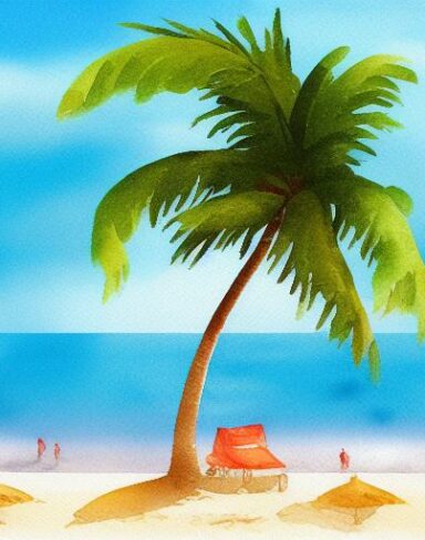 A painting of a beach scene with a palm tree