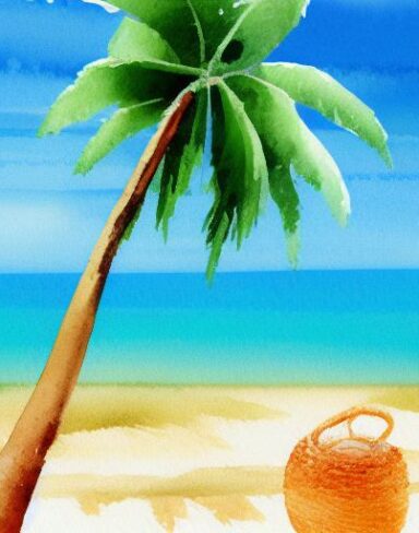 A painting of a beach scene with a palm tree and sand in the morning