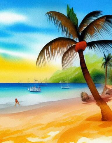 A painting of a beach scene with a palm tree in the morning