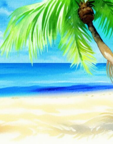 A painting of a beach scene with a palm tree in the morning