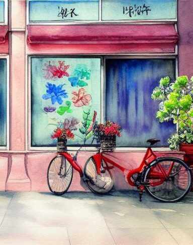 A painting of a bicycle placed in front of a flower shop