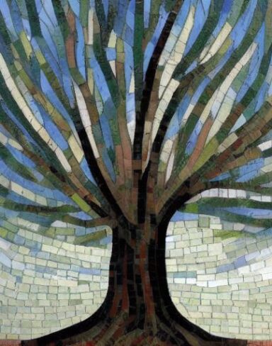 A painting of a big tree and a sky in the background