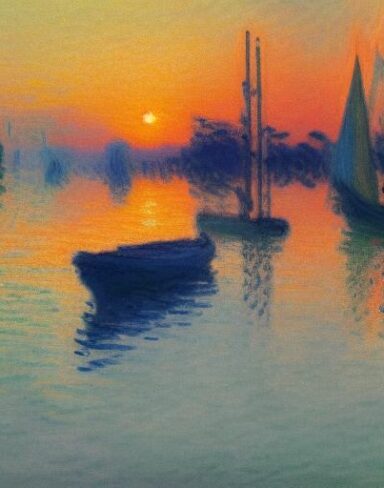 A painting of a boat in a body of water at sunset