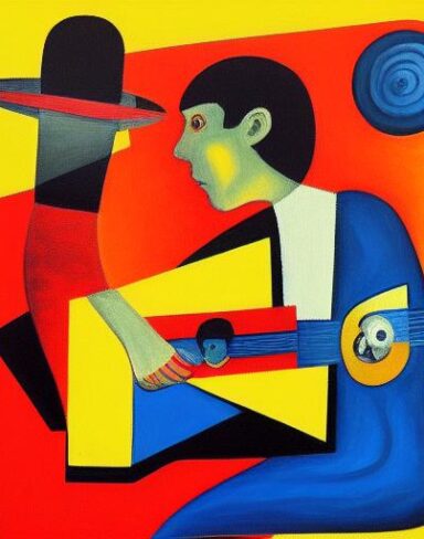 A painting of a boy playing a guitar