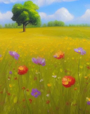 A painting of a bunch of little flowers in a field