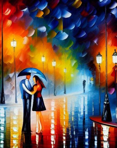 A painting of a city street and a pair of couple at night