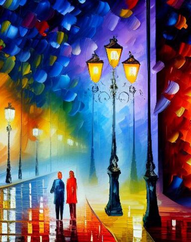 A painting of a city street and a pair of couple at night