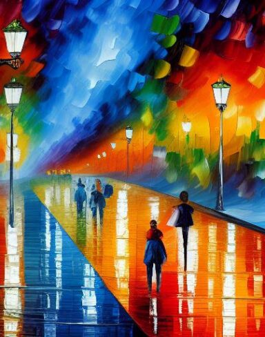 A painting of a city street and children at night