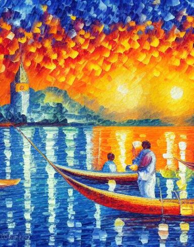 A painting of a city with people fishing on the boat