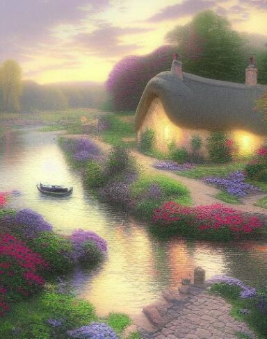 A painting of a cottage and a river