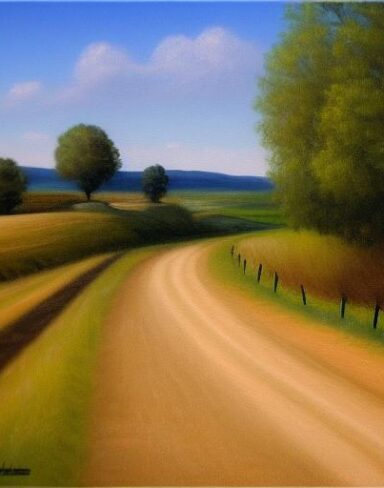 A painting of a country road with a car