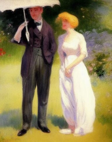 A painting of a couple in a garden