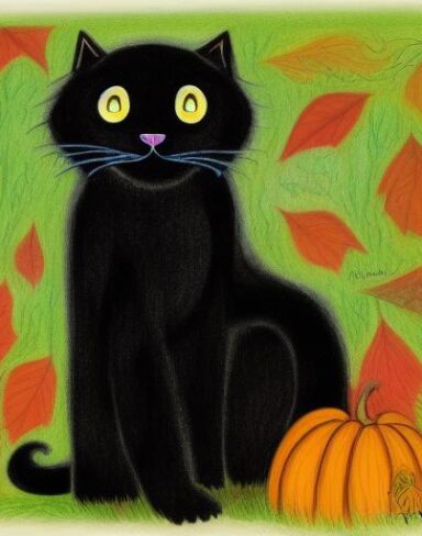 A painting of a creepy giant black cat hiding in the autumn forest