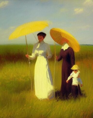 A painting of a family in a field